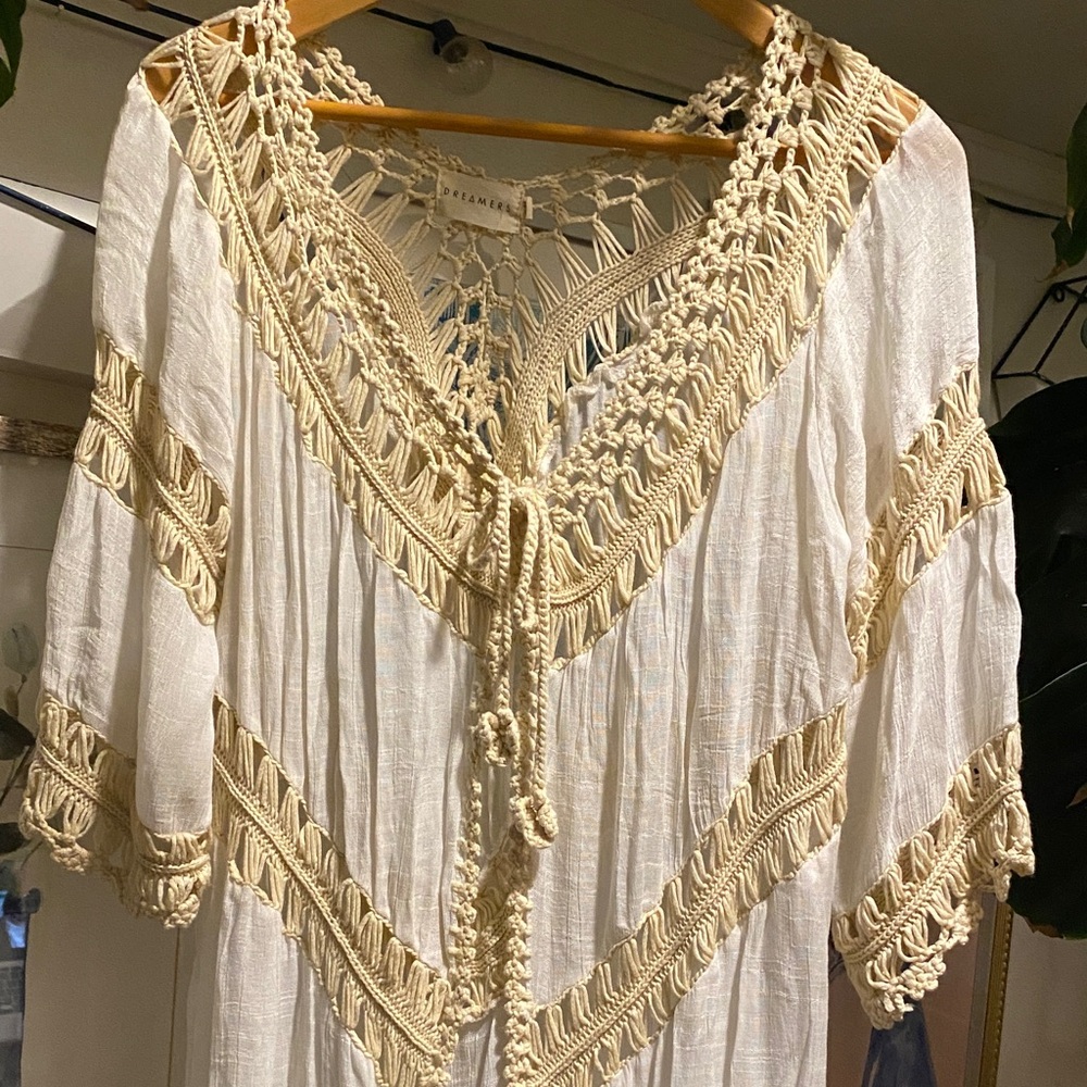 Dreamers boho/hippi L crochet longline duster front tie crepe soft flowy